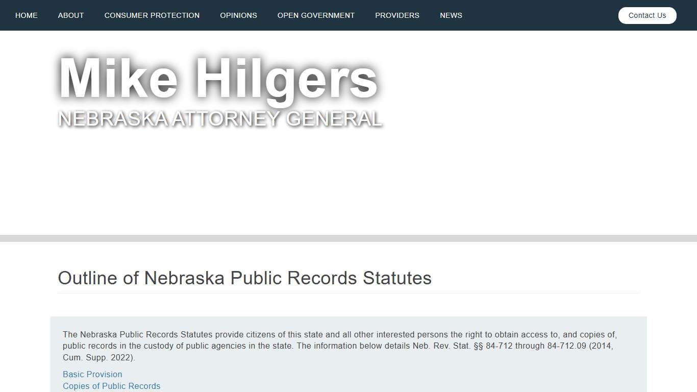 Outline of Nebraska Public Records Statutes Nebraska Attorney General Mike Hilgers
